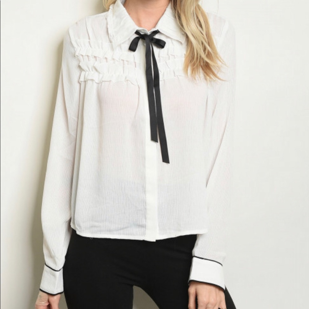 NWT Long Sleeved White Top with Black Bow